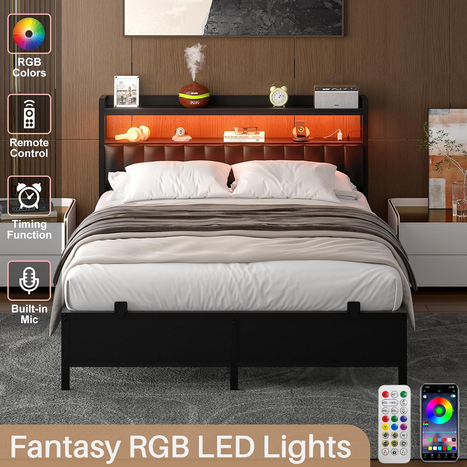 Homieasy Queen Bed Frame with Charging Station, Adjustable Upholstered Faux Leather Headboard, Industrial Platform Bed with LED Lights, Steel Slat Support, No Box Spring Needed, Black