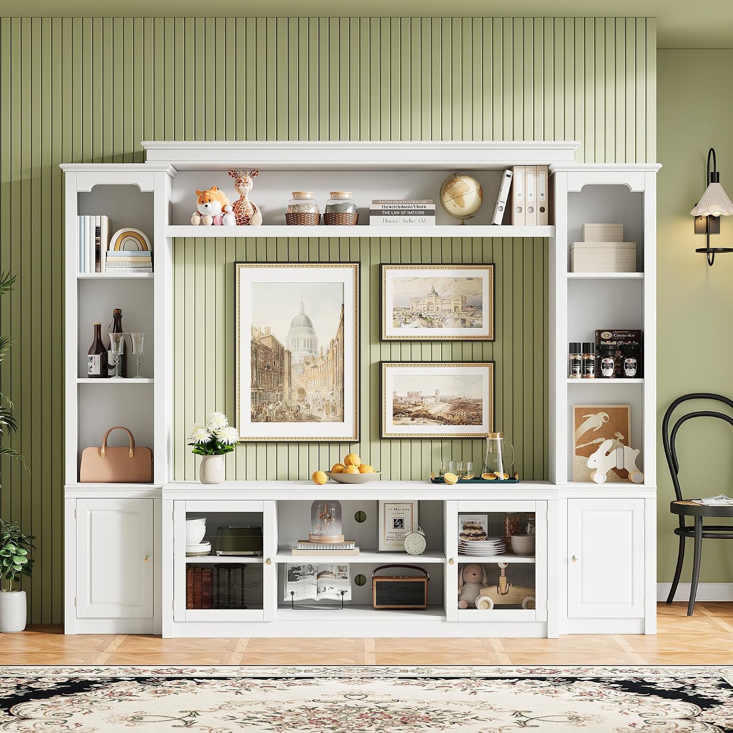 4-Piece Entertainment Center Wall Unit for TVs up to 65', Modern TV Stand with Bookshelves, Glass Doors & 4 Adjustable Shelves, Large Media Console Table with Display Cabinet for Living Room, White