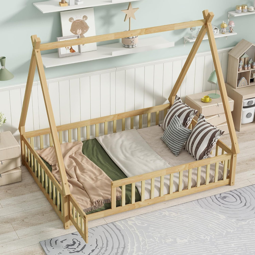 Bellemave Full Size Tent Floor Bed for Kids,Montessori Floor Bed with Door and Guardrails,Teepee Bed for Girls Boys(Full,Natural)
