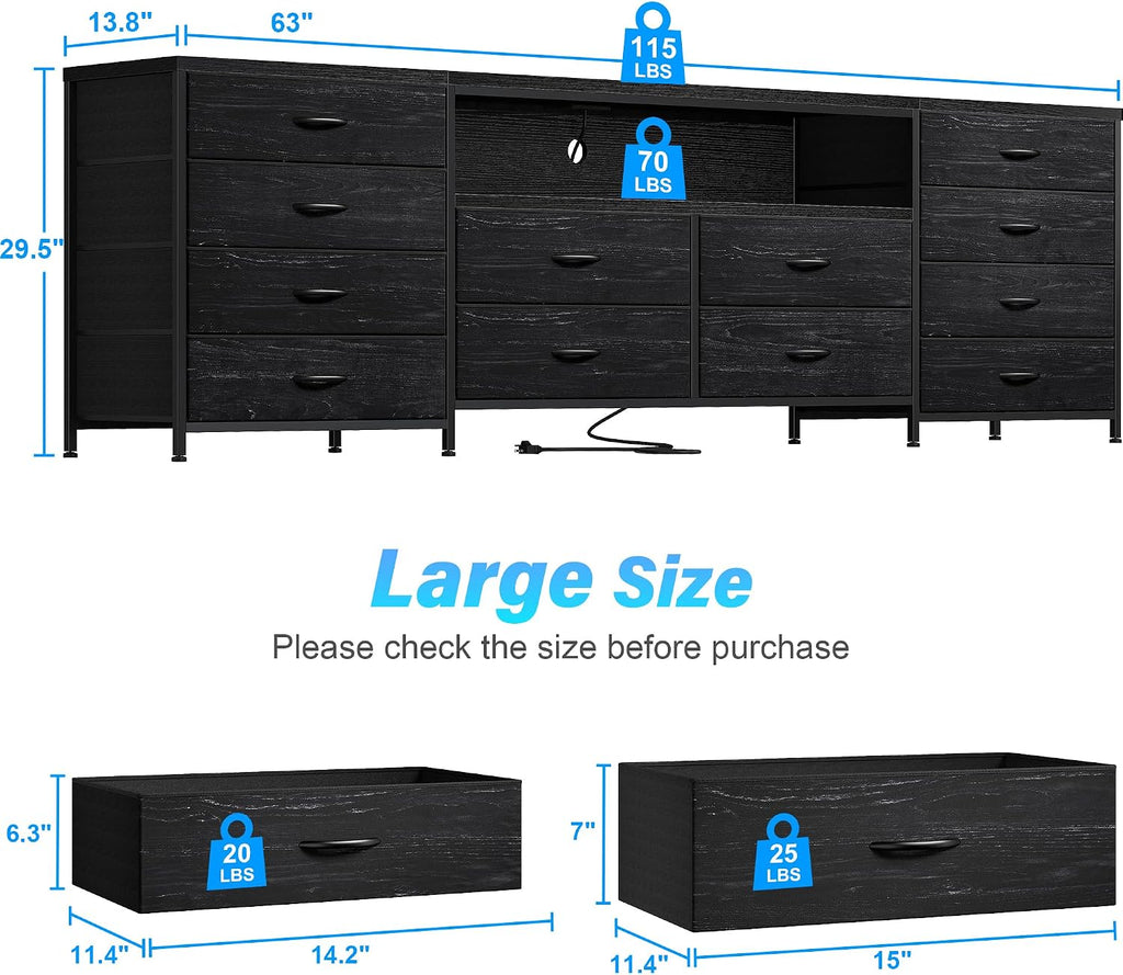 EnHomee Fits 65,70 inch TV Stand, 63' W Dresser TV Stand with LED Lights & Power Outlets, Entertainment Center with 12 Fabric Drawers Long Dresser for Bedroom, Living Room, Hallway, Black