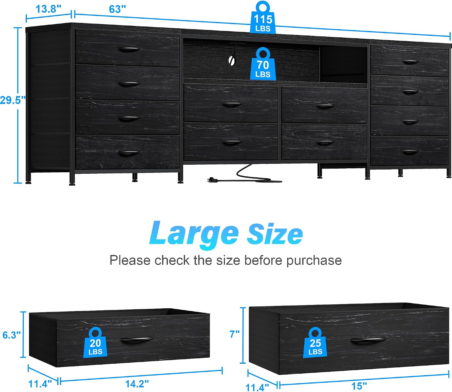 EnHomee Fits 65,70 inch TV Stand, 63' W Dresser TV Stand with LED Lights & Power Outlets, Entertainment Center with 12 Fabric Drawers Long Dresser for Bedroom, Living Room, Hallway, Black