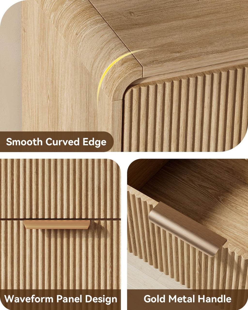 Fluted 6 Drawer Dresser, 47' Wide Wooden Storage Chest with Rounded Curved Corners and Gold Handles, Natural Oak Wood Dresser for Bedroom, Living Room, Hallway