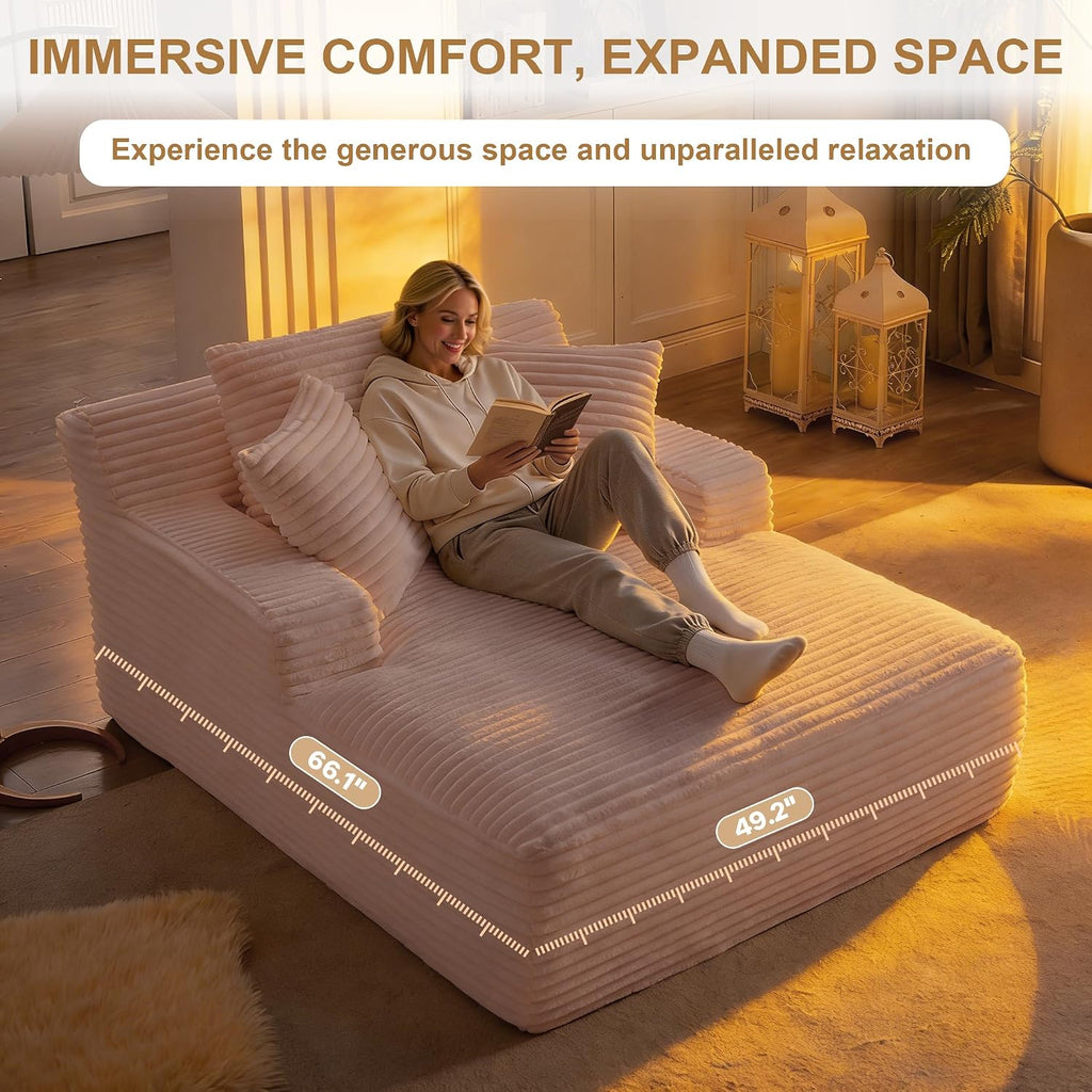 Oversized Chaise Lounge Chair Indoor, 66' Cloud Boneless Sleeper Couch Corduroy Upholstered Sofa Bed Deep Seat Comfy Reading Chair with 3 Pillows for Living Room Bedroom, Pink