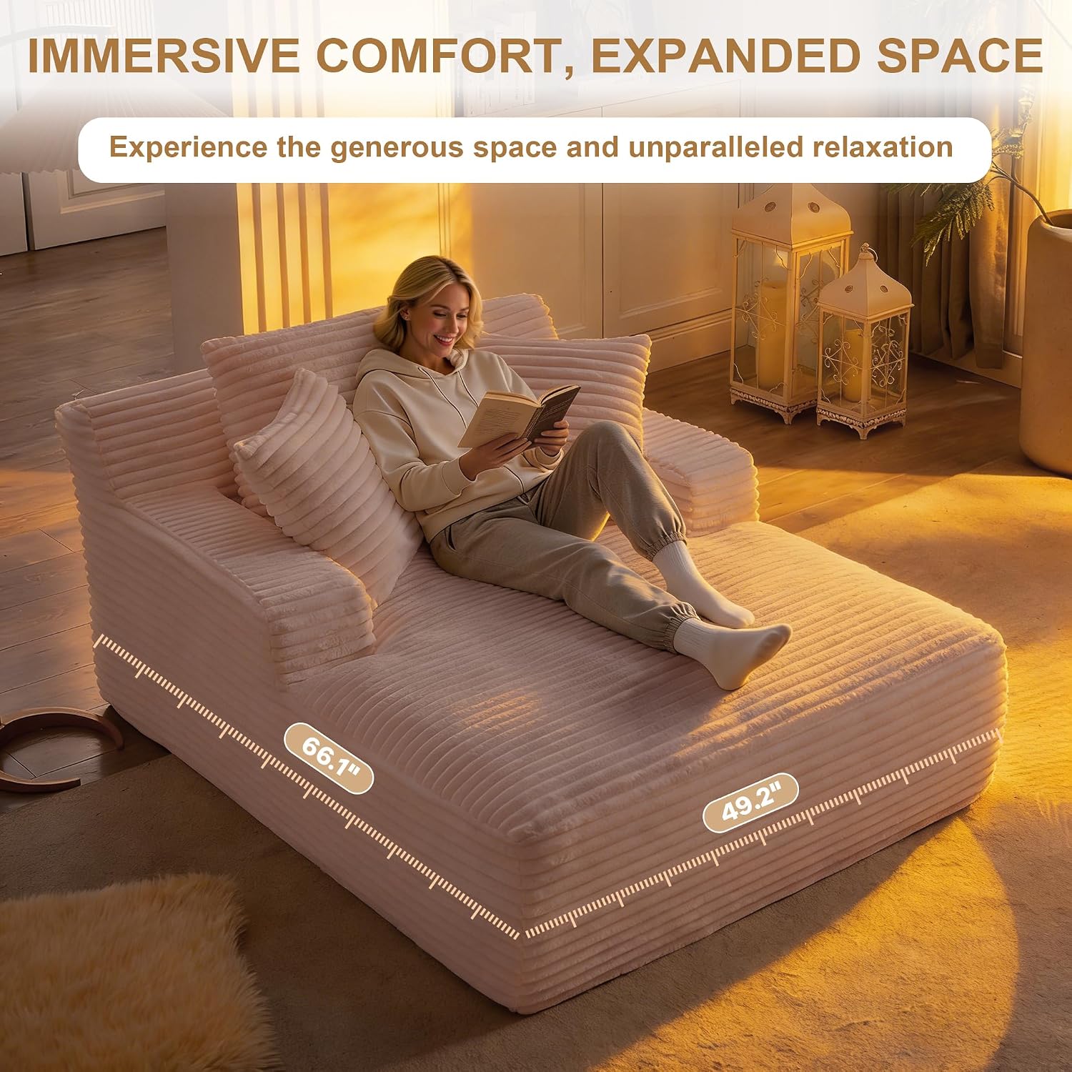 Oversized Chaise Lounge Chair Indoor, 66' Cloud Boneless Sleeper Couch Corduroy Upholstered Sofa Bed Deep Seat Comfy Reading Chair with 3 Pillows for Living Room Bedroom, Pink