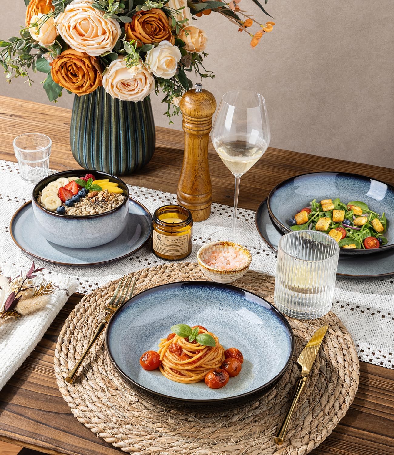 LERATIO Ceramic Dinnerware Sets with Pasta Bowls for 4,Plates and Bowls Sets,Oven &Microwave & Dishwasher Safe,Light Weight & Scratch Resistant Dishes Sets-Service for 4 (16pcs)-Gray White
