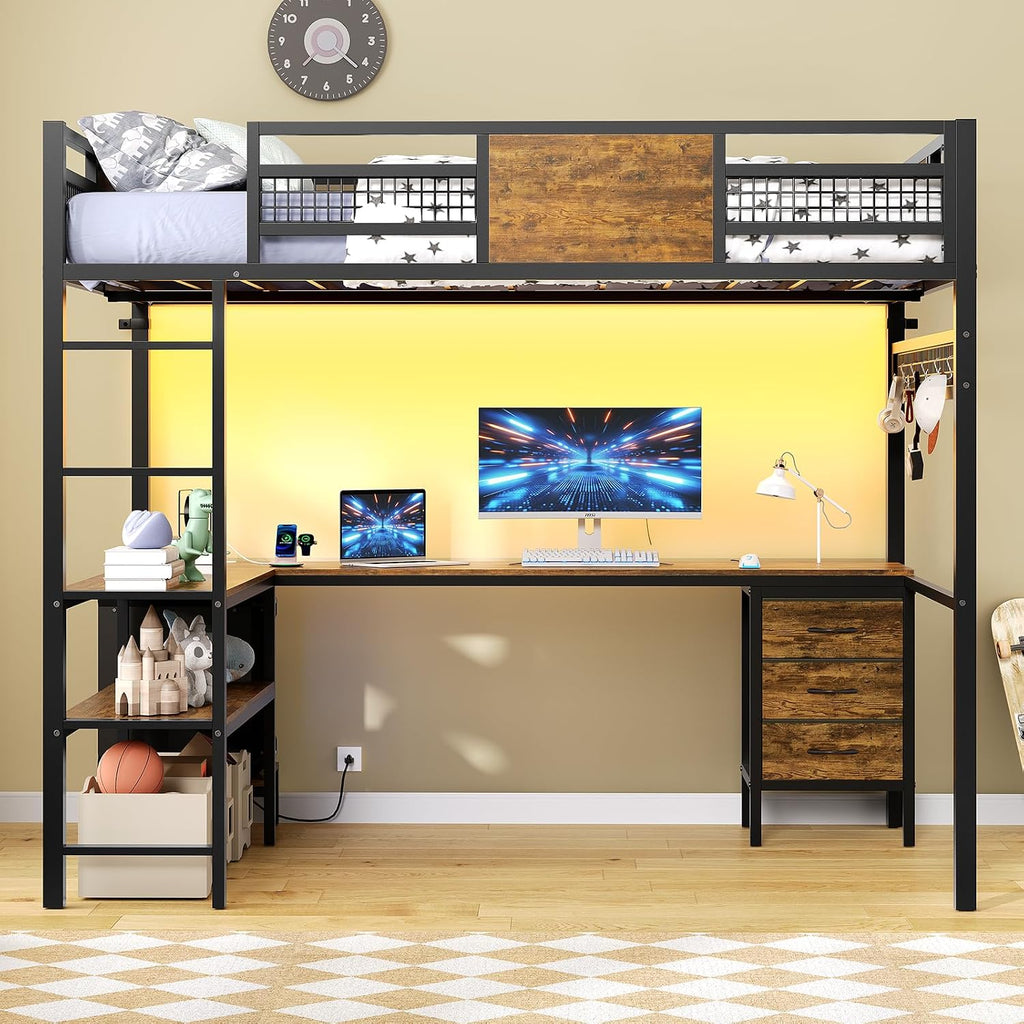 ADORNEVE Loft Bed Full Size with L-Shaped Desk, 3 Storage Drawers, Power Outlet, 3 Storage Shelves, Metal Loft Bed Frame with RGB Lights, Bed with Safety Guardrail & Ladders,Space-Saving,Rustic Brown