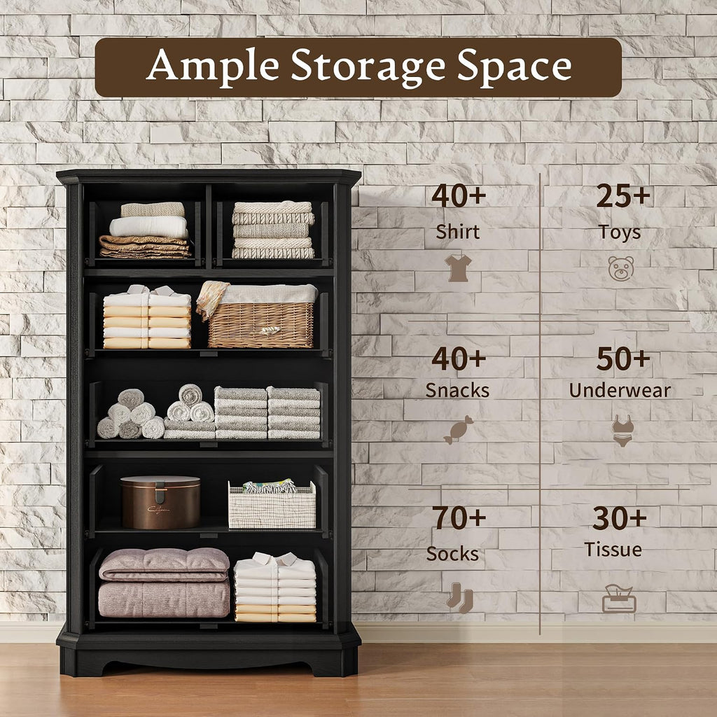 Farmhouse 6 Drawer Dresser for Bedroom, Tall Rustic Chest of Drawers with Metal Handle, Wood Vintage Storage Tower Cabinet, Wooden Closet Storage Dressers Organizer for Living Room, Hallway, Black