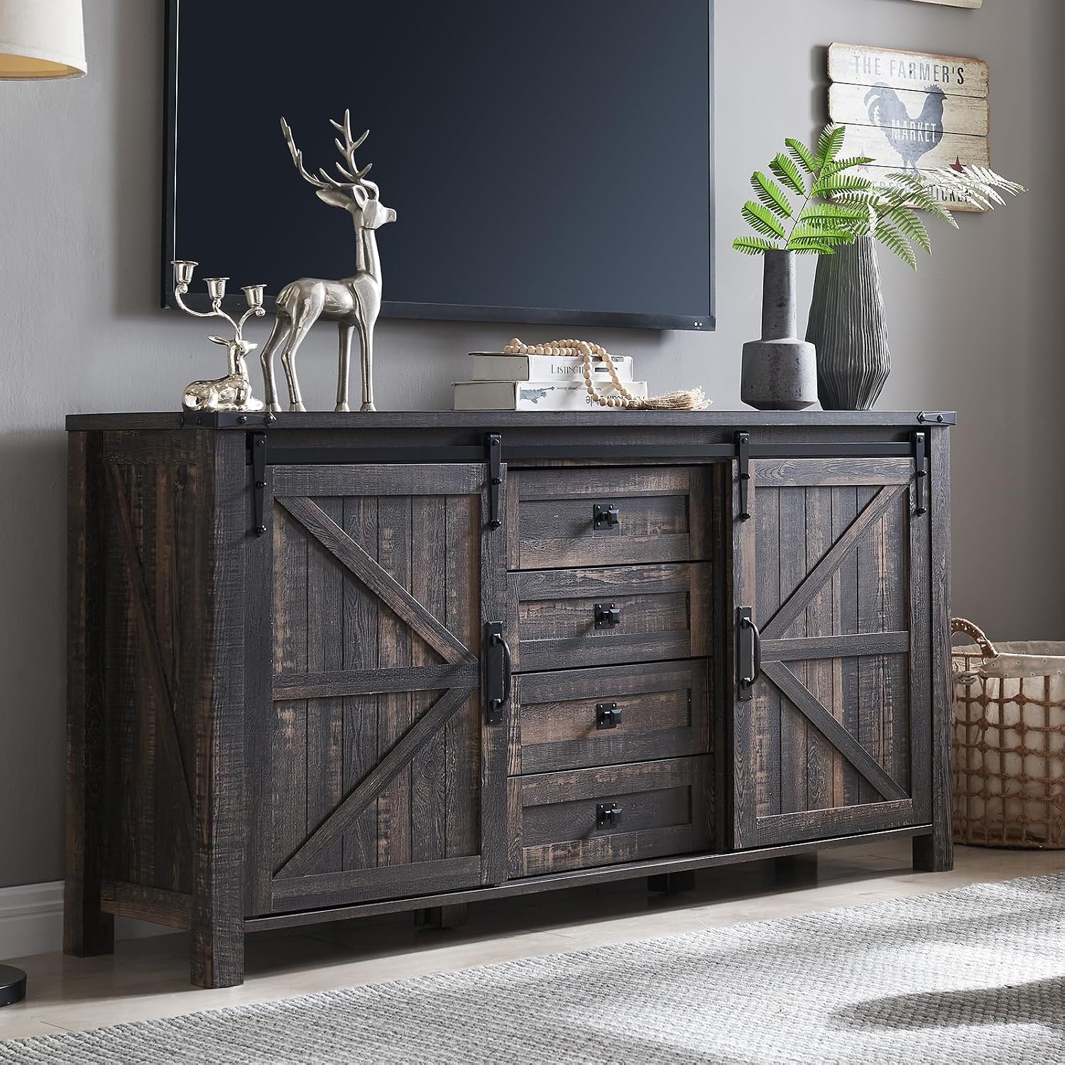 T4TREAM 60'' Farmhouse Dresser Chests for Bedroom w/4 Drawers & Sliding Barn Doors, Wide TV Stand, Tall Chest of Drawers, Rustic Dresser Organizer for Bedroom, Living Room, Dark Rustic Oak