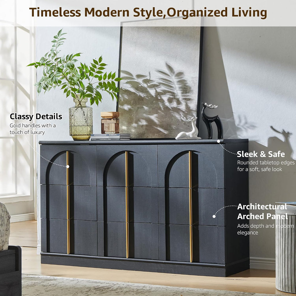 ACCOHOHO Arched Dresser for Bedroom with 9 Drawers, 52' Wide Modern Chest of Drawers with Rounded Edge & Metal Handles, Wood Storage Closet Dressers TV Stand for Living Room, Hallway, Black