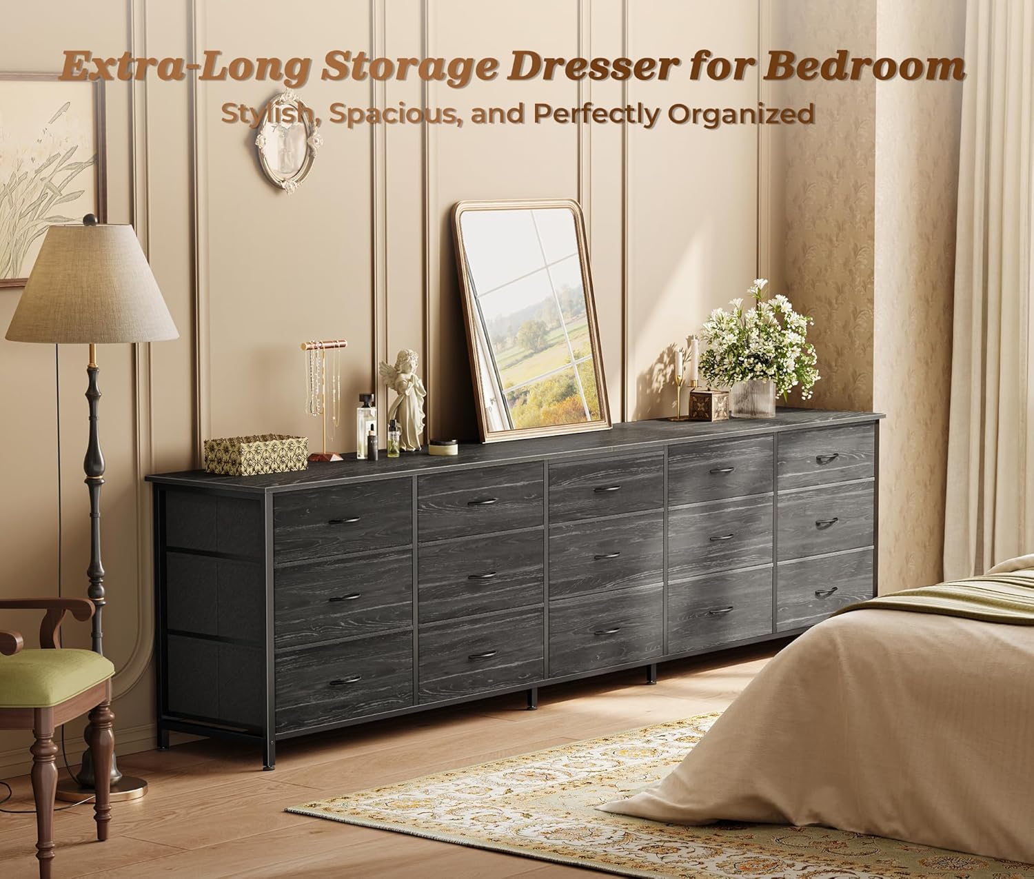 Huuger 78.7 inch Long Dresser for Bedroom, 15 Drawer Fabric Dresser for Closet, Large TV Stand for 65, 75, 85 inch TV, Wide Chest of Drawer with Storage, 78.7' W x 12.9' D x 26.7' H, Charcoal Black