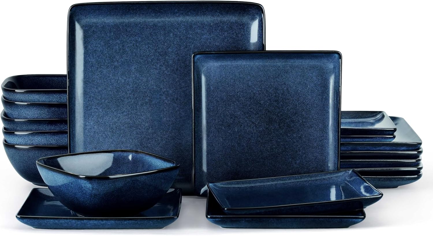 E-far Square plates and bowls Sets for 6, 18-Piece Reactive Glaze Stoneware Dinnerware Sets, Porcelain Dishware Sets for Kitchen Home, Microwave & Dishwasher Safe, Deep Sea Blue