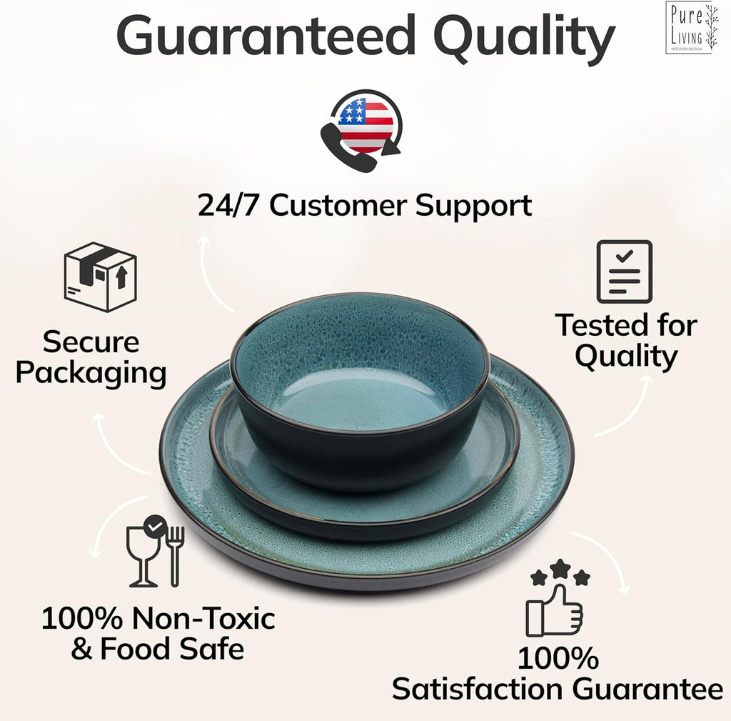 24 Piece Stoneware Dinnerware Set for 8 - Handmade Reactive Glaze Plates and Bowls Set - Chip & Scratch Resistant Dish Set - Dishwasher Microwave Safe - Black and Petrol Blue