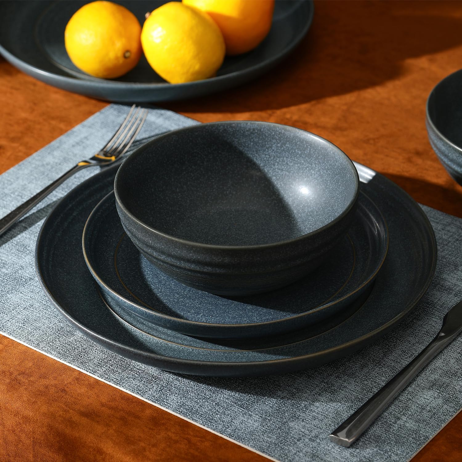 Stone Lain Elio 24-Piece Dinnerware Set Stoneware, Plates and Bowls Set, Dish Set for 8, Blue