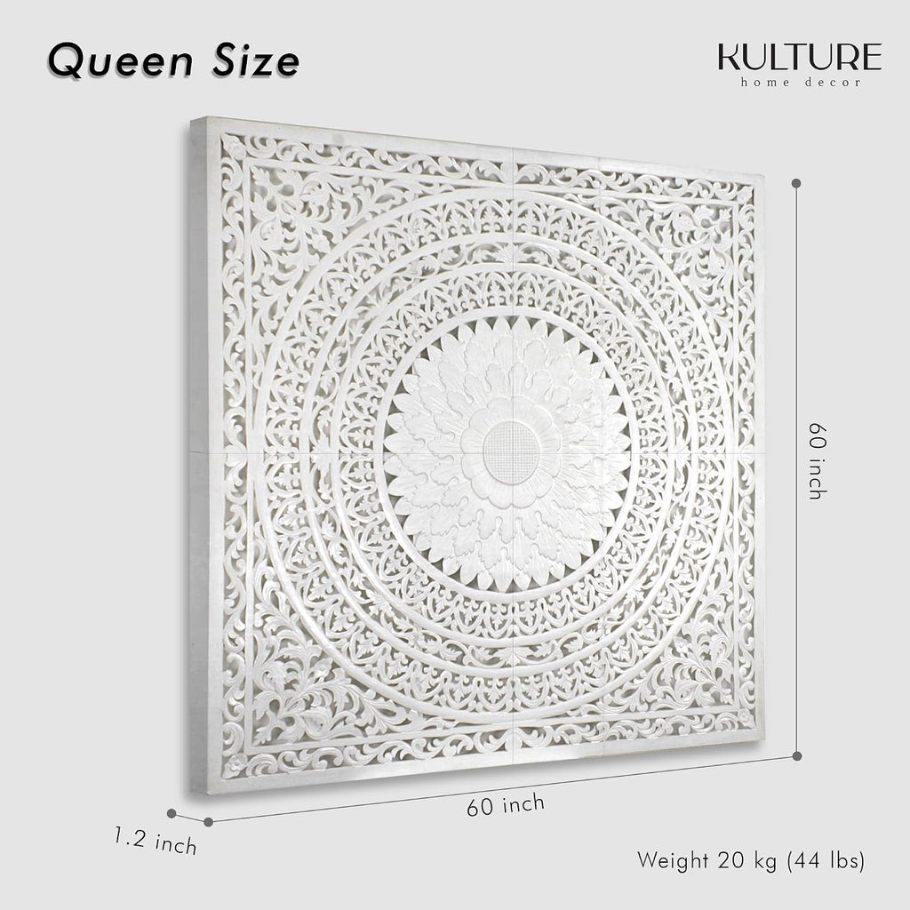 Queen Headboard Panels 59x59 in, Seruni White Hand Carved, Made in Bali Indonesia, Wall Mounted Behind Bed, 4 Panels + Hardware