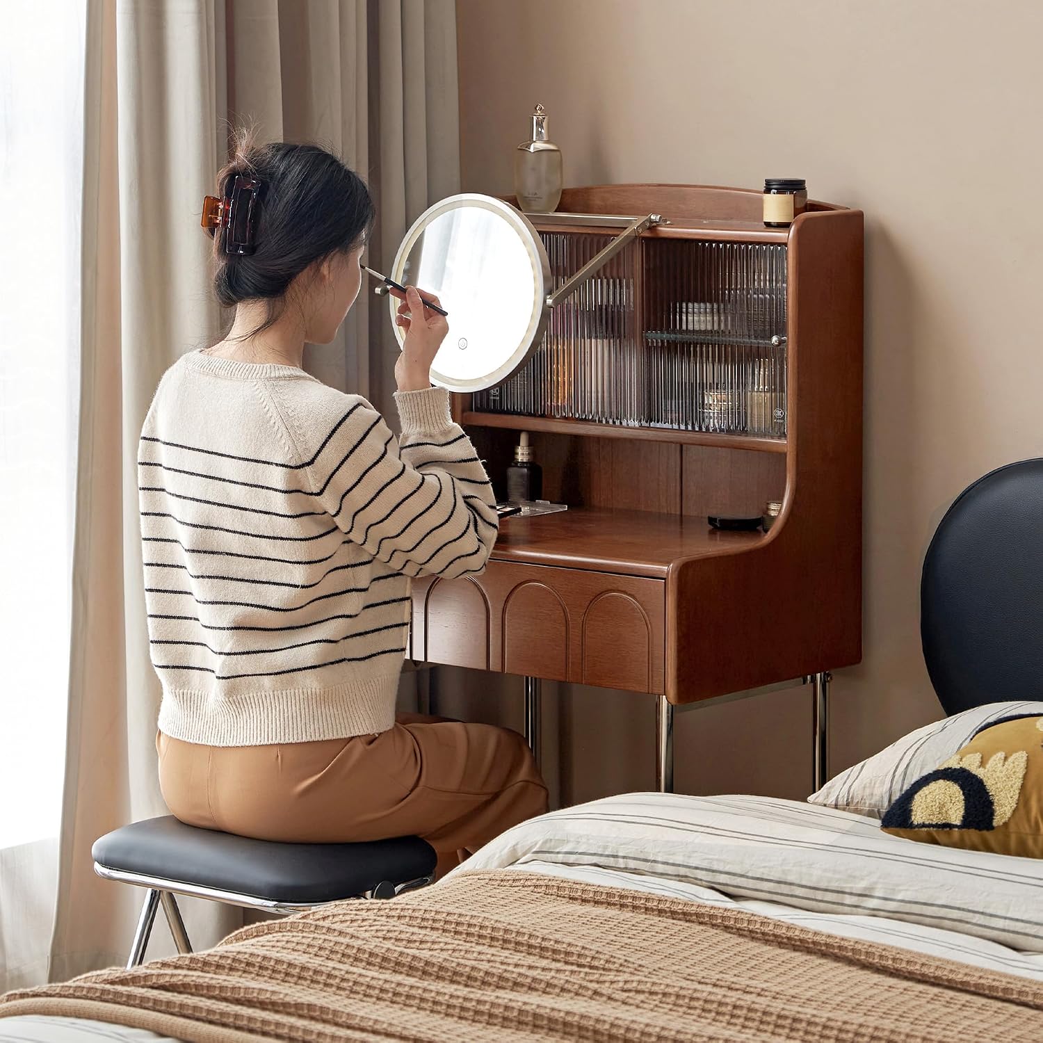 YESWOOD Vanity Desk with Extendable LED Mirror, Solid Rubber Wood Small Makeup Table for Girls, Vanity Set with Light for Bedroom, Bathroom, Teak Color, No Chair