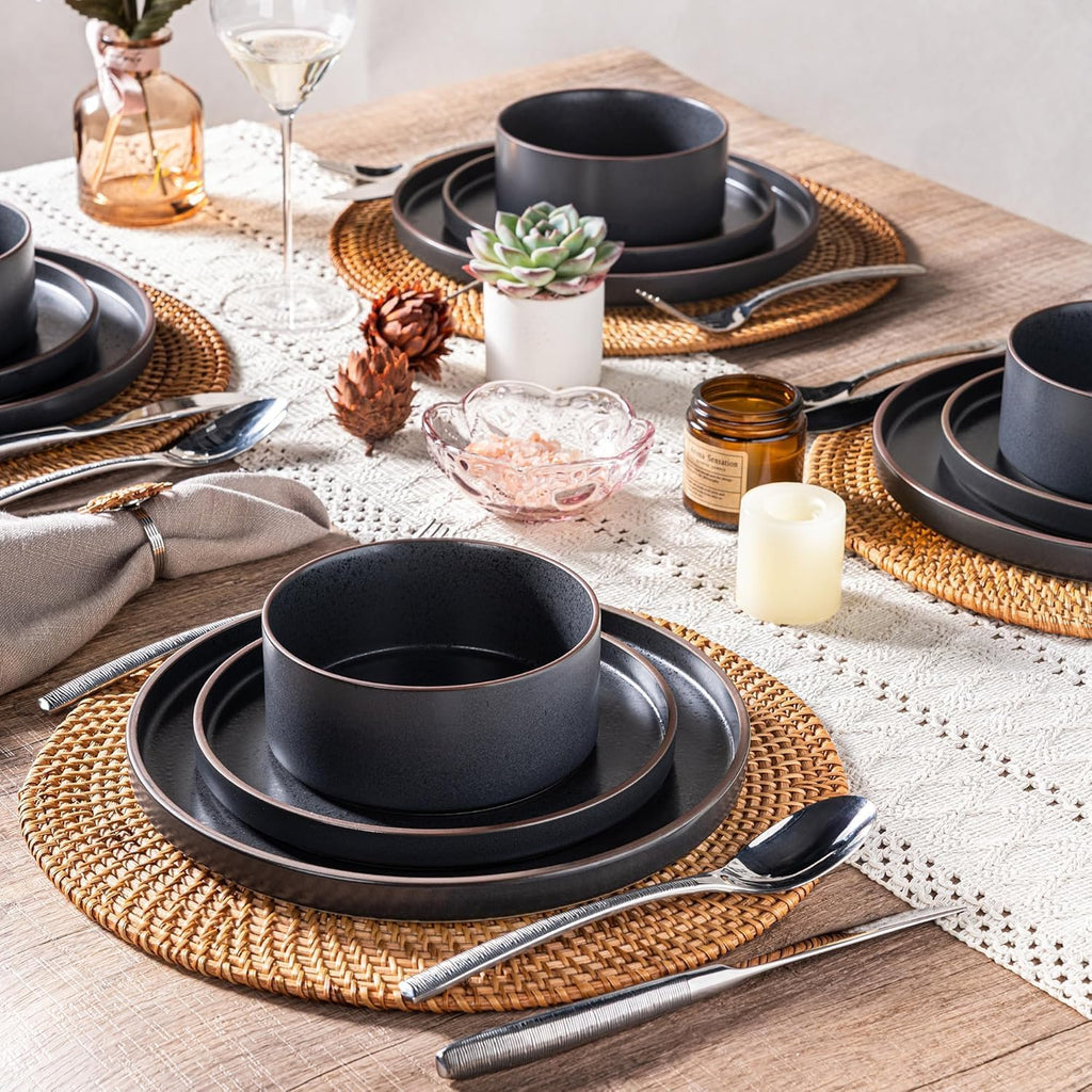 LERATIO Ceramic Dinnerware Sets for 8, High Edge Stoneware Plates and Bowls Set, Chip and Crack Resistant | Oven & Dishwasher & Microwave Safe Dishes Set, Service for 8 -Ashen