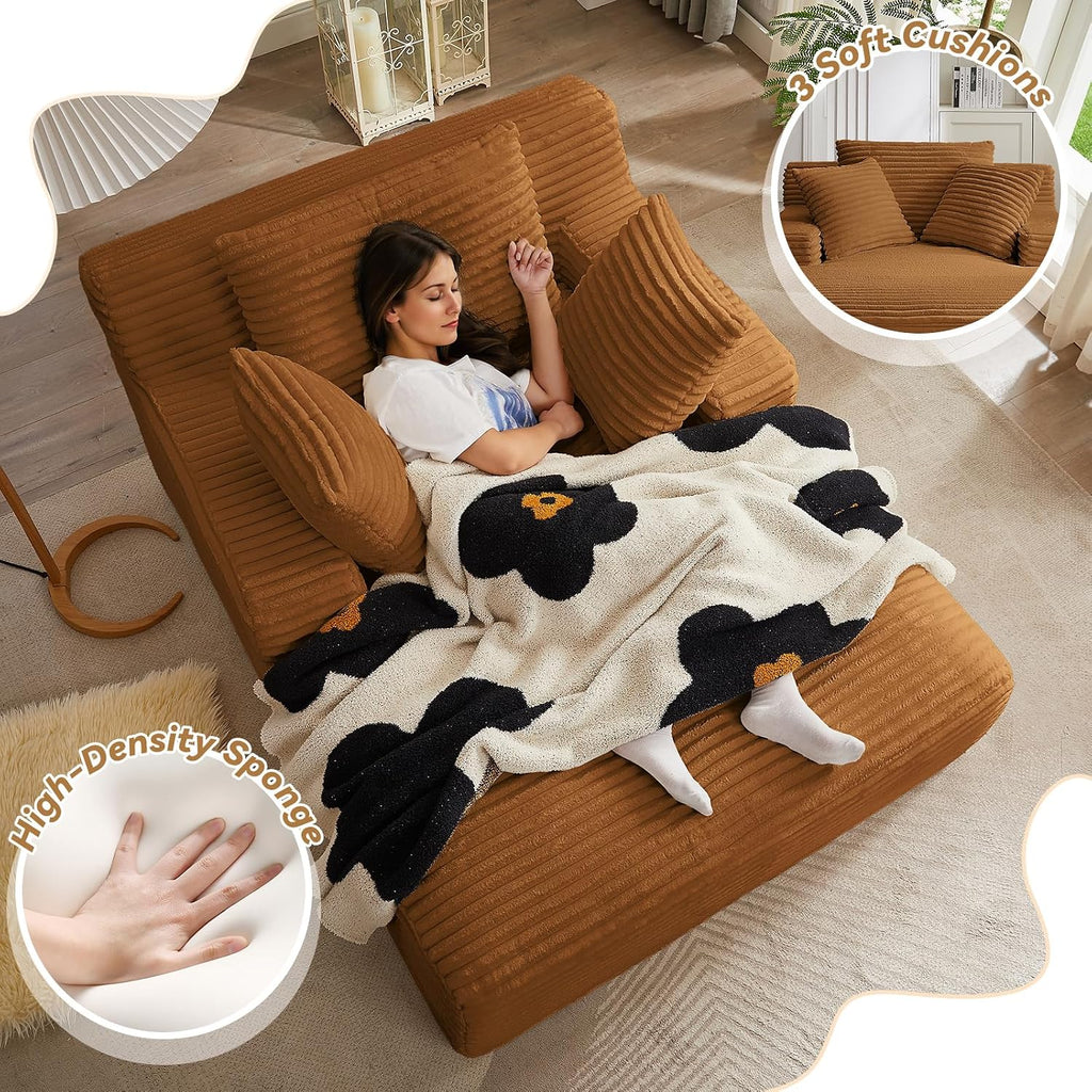 Oversized Chaise Lounge Chair Indoor, 66' Cloud Boneless Sleeper Couch Corduroy Upholstered Sofa Bed Deep Seat Comfy Reading Chair with 3 Pillows for Living Room Bedroom, Orange