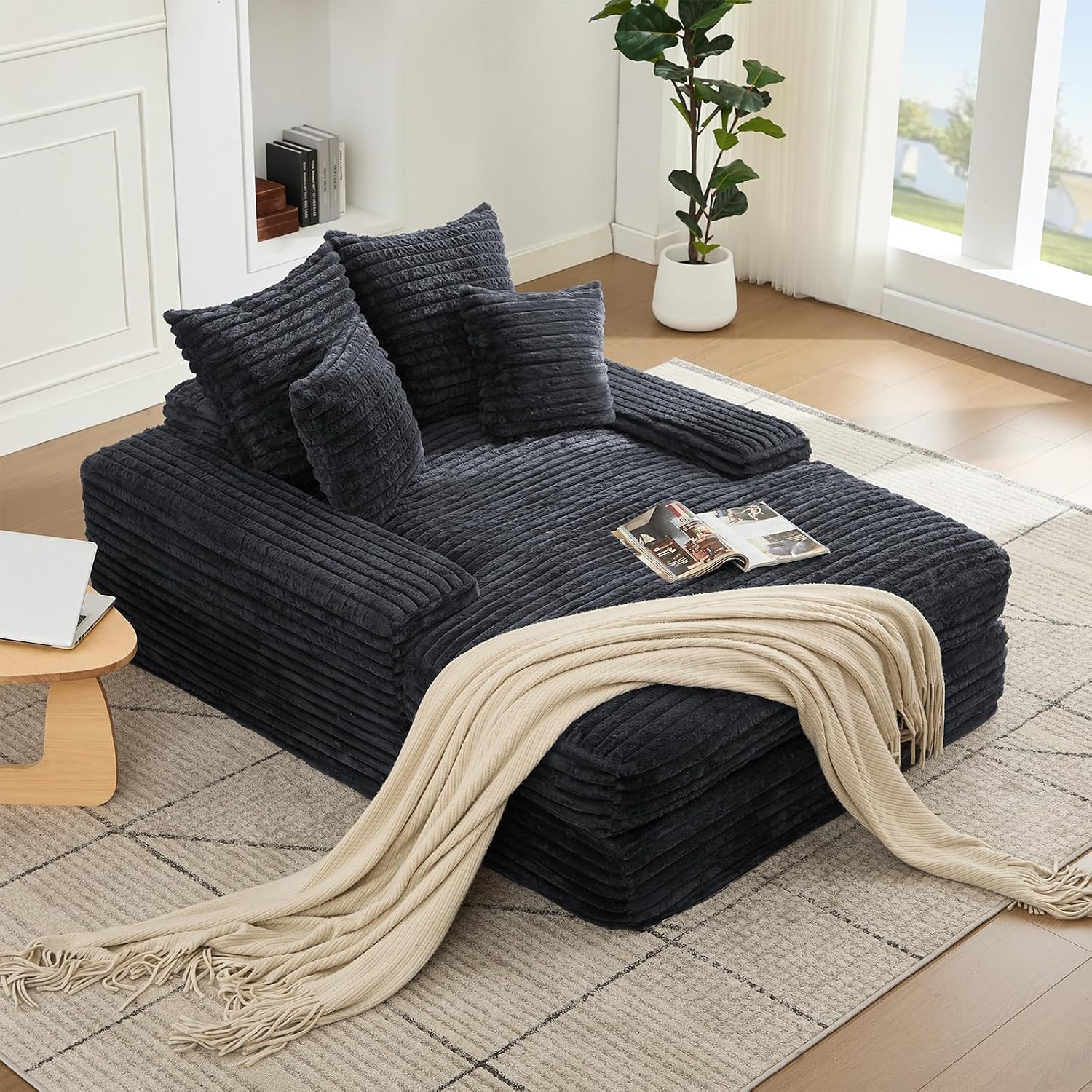 Oversized Chaise Lounge Chair Indoor, 62.6' Cloud Boneless Sleeper Couch Corduroy Upholstered Sofa Bed Deep Seat Comfy Reading Chair with 3 Pillows for Living Room Bedroom, Crey