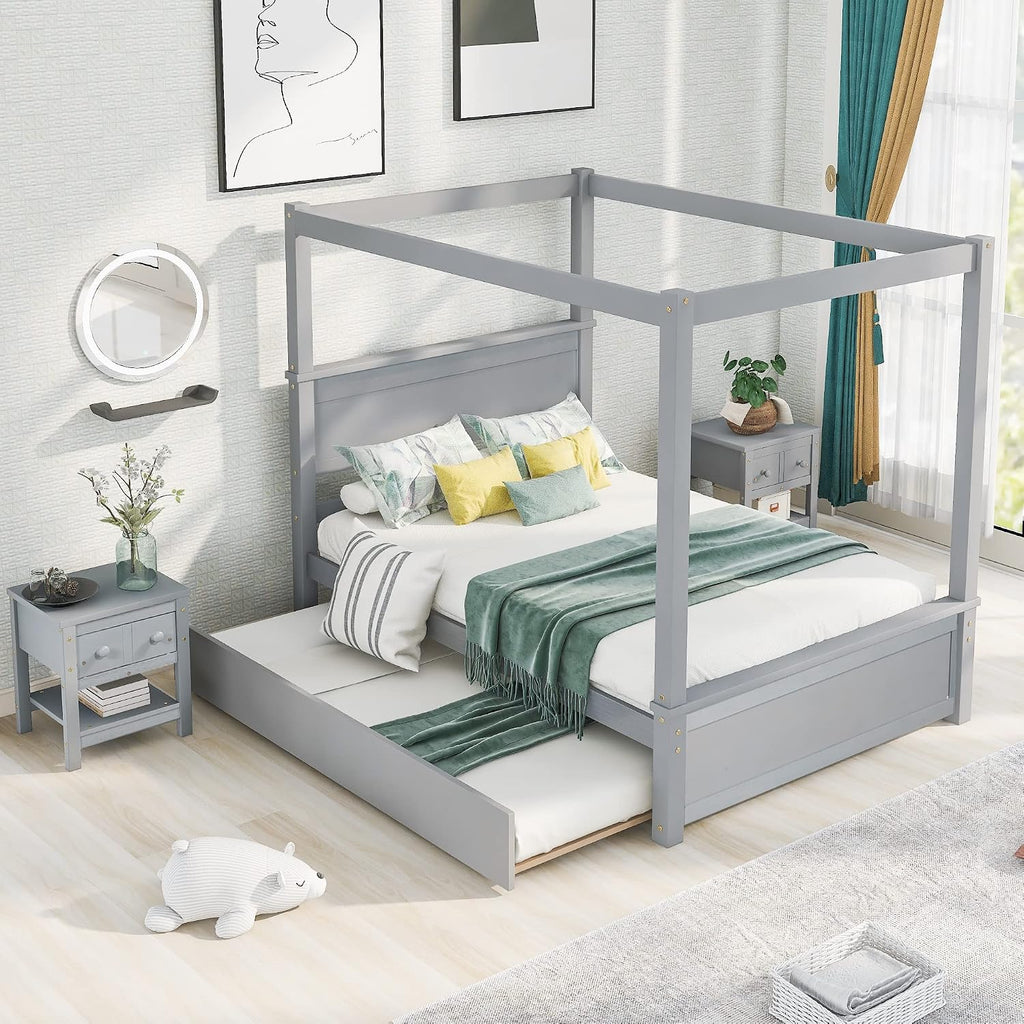 Full Size Wood Canopy Bed with Trundle Bed and Two Nightstand, Modern Bedroom Set for Kids Girls Boys Teens,Can Be Freely Decorated (Gray+Bedroom Set)