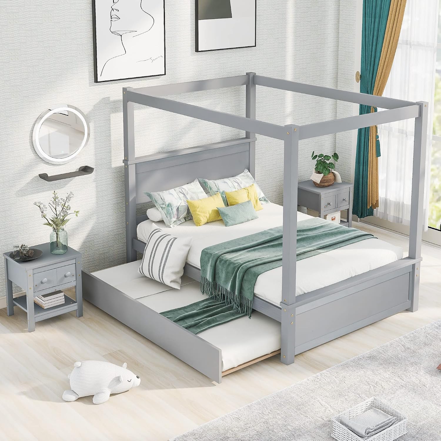 Full Size Wood Canopy Bed with Trundle Bed and Two Nightstand, Modern Bedroom Set for Kids Girls Boys Teens,Can Be Freely Decorated (Gray+Bedroom Set)