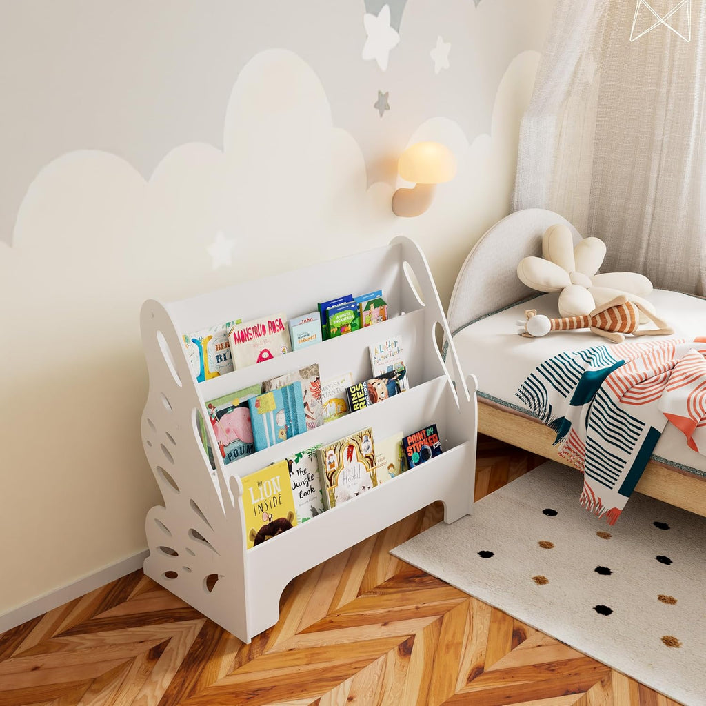 3 Tier Butterfly Kids Bookshelf - Nursery Bookshelf for Storage Organizer, Free Standing Baby Bookcase for Kids Rooms, Children Bookcase for Playing Room, Bedroom, Nursery, Classroom, White.
