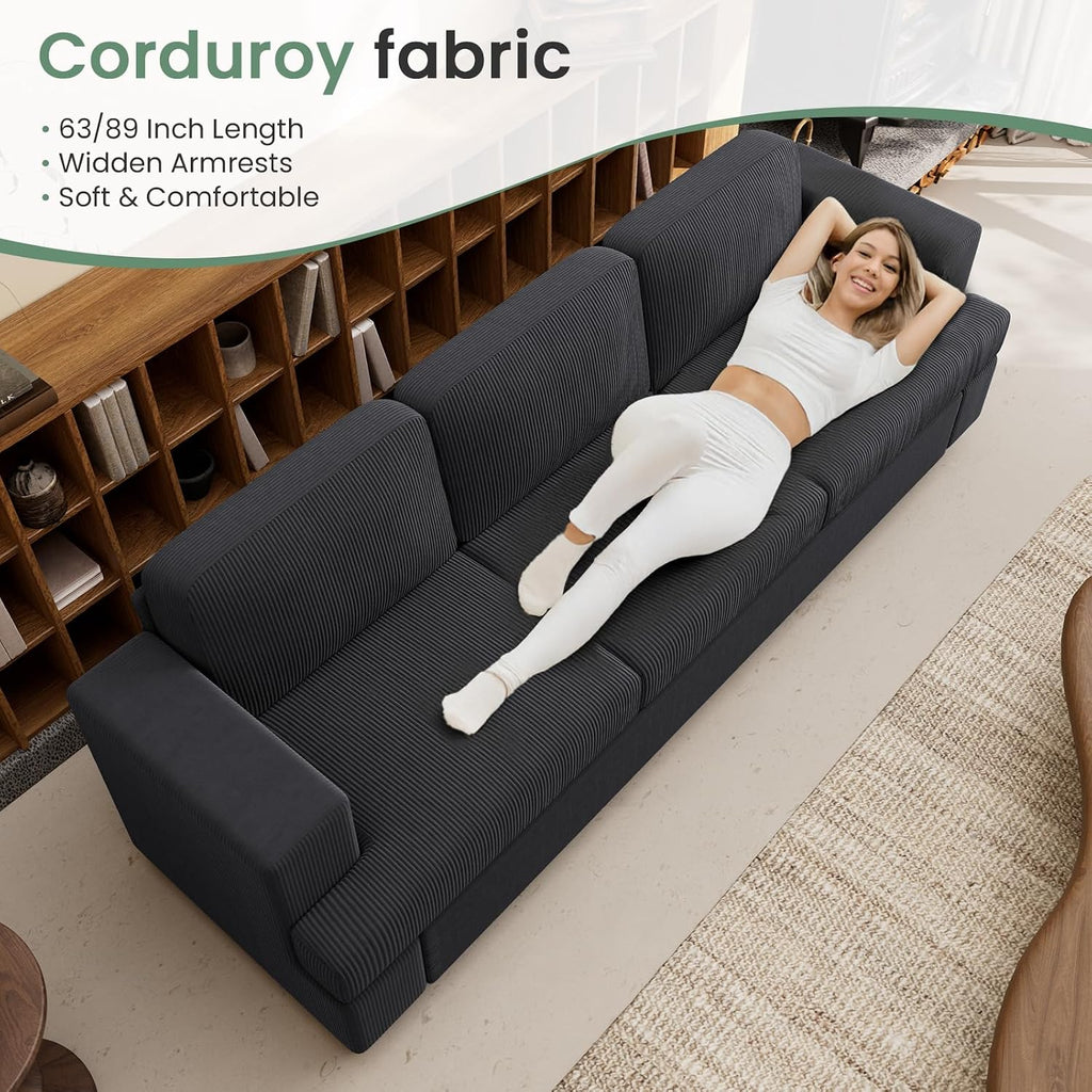 Fiona's magic 3 Pieces Corduroy Couch Set for Living Room, 7 Seats Cloud Sofa, Deep Seat Floor Couch for Bedroom, Futon Modern Sofa Bed, Black Corduroy