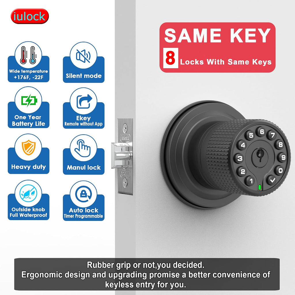 iulock Smart Door Knob with Keypad and Key,Keyless Entry Door Lock with Rubber Grip, Auto Lock,50 User Code,Waterproof, Easy to Install and Program for Bedroom(Matte Black Same Key 8 Pack)