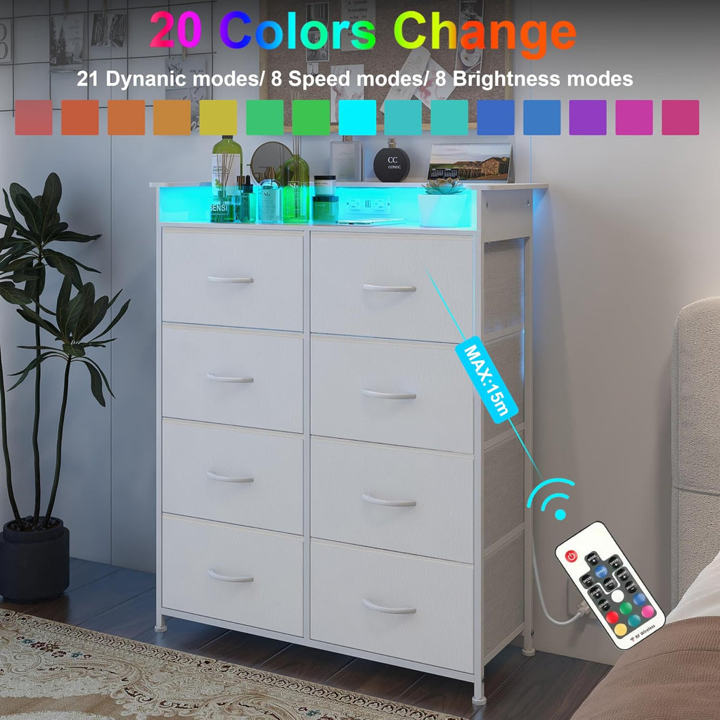 White Dresser for Bedroom with Power Outlets and LED Lights Narrow 8 Fabric Drawers Dressers Tall Storage Tower Unit for Entryway Closet Hallway Living Room Sturdy Steel Frame Wooden Top