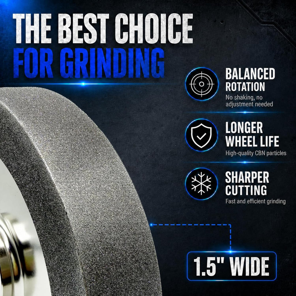 Mega Square CBN Grinding Wheel 8 Inch 180 Grit, 1.5' Wide Electroplated CBN Bench Grinder Wheel, 5/8' Arbor, 1' Side Face, for Woodturning Tools, HSS Lathe Tools, Chisels, Knives and Sharpening
