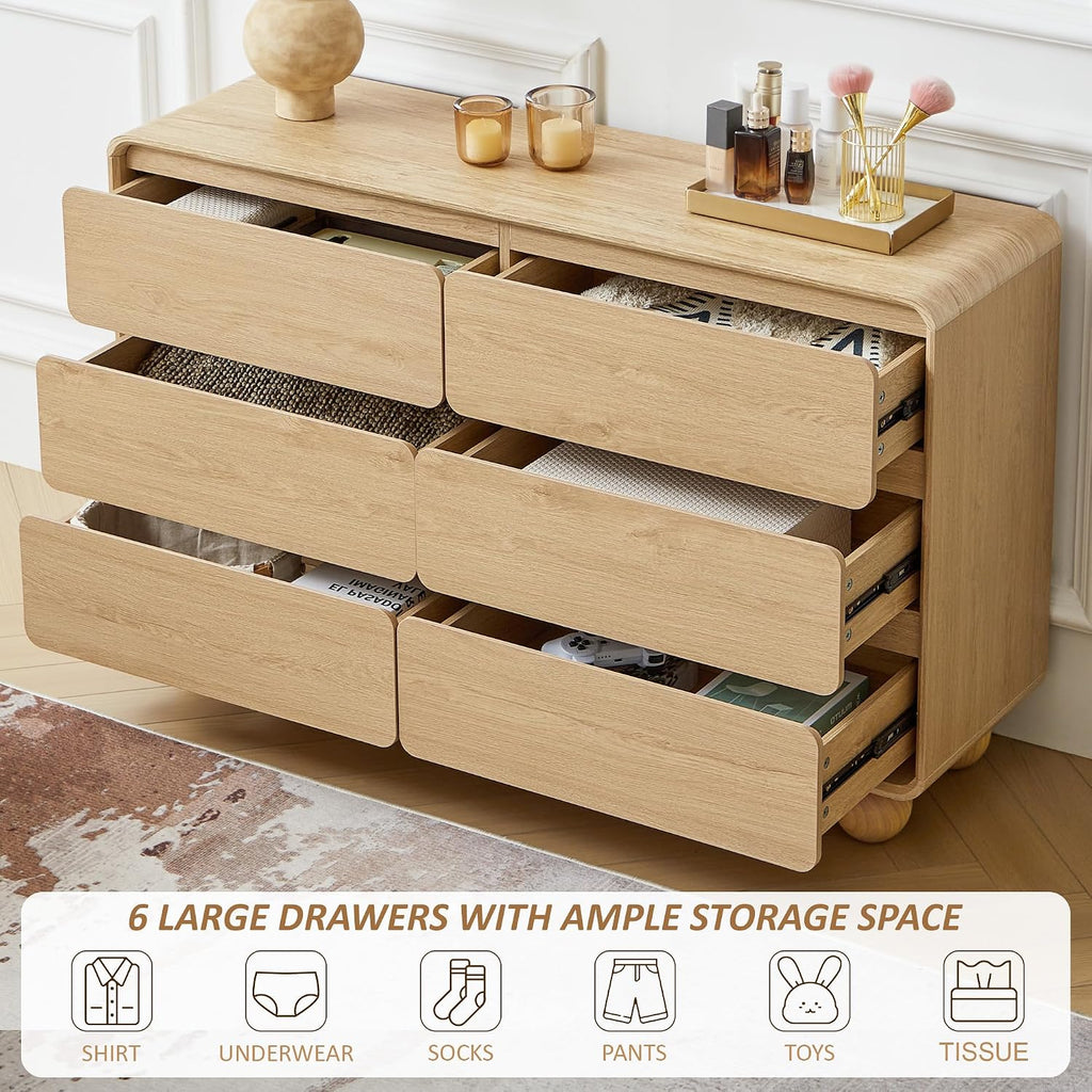AVZEAR 6 Drawer Dresser for Bedroom, 48' Modern Wooden Dresser Chest of Drawers, Curved Profile Design, Closet Clothes Storage Organizer for Kids Bedroom, Living Room, Nursery, Natural Color
