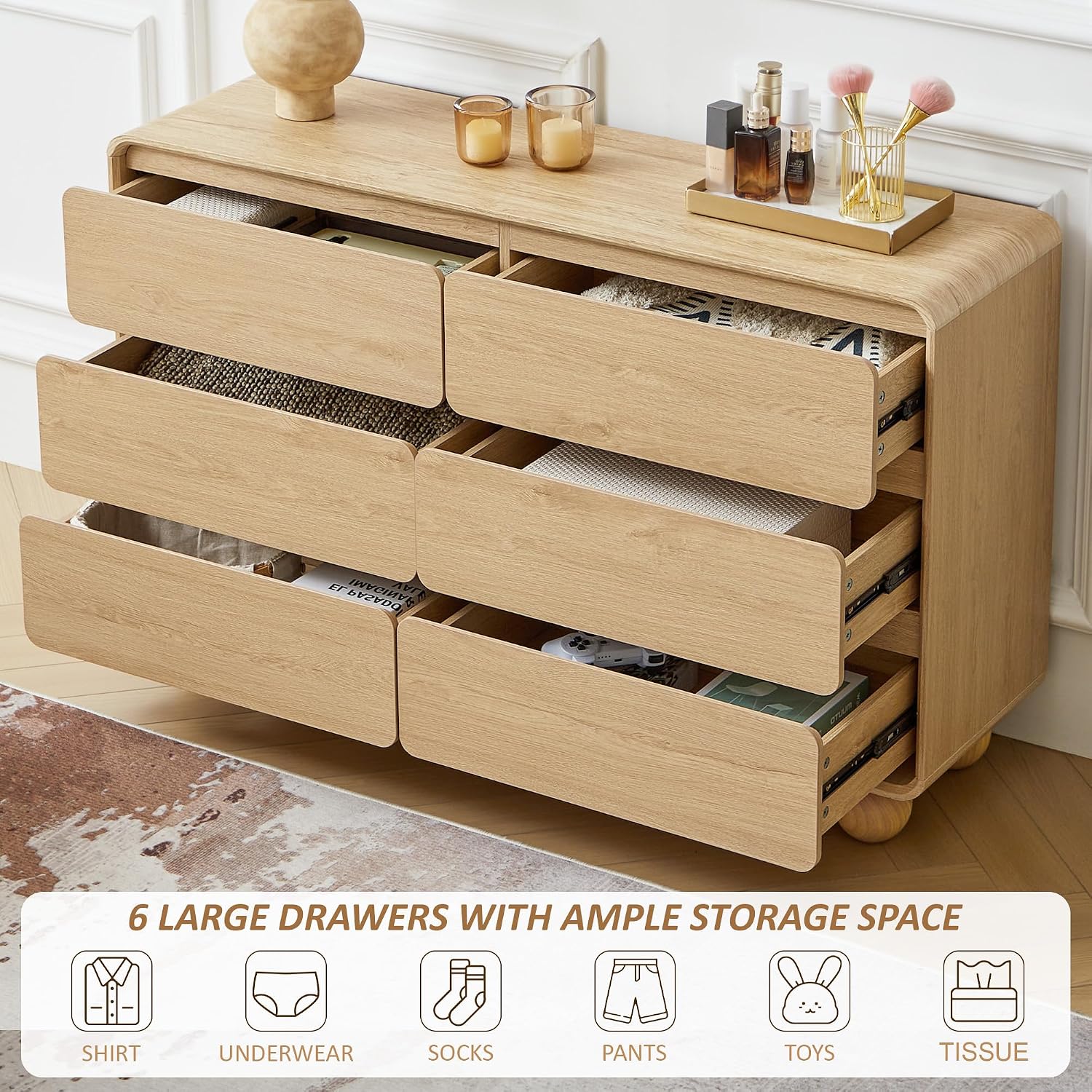 AVZEAR 6 Drawer Dresser for Bedroom, 48' Modern Wooden Dresser Chest of Drawers, Curved Profile Design, Closet Clothes Storage Organizer for Kids Bedroom, Living Room, Nursery, Natural Color