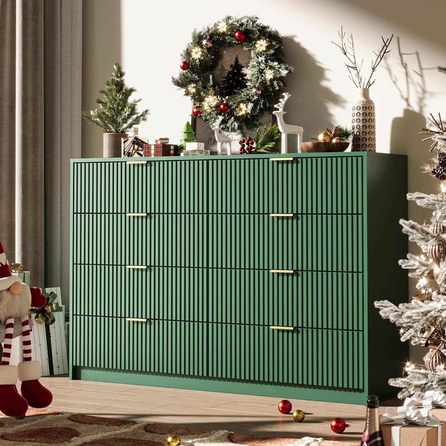 MAISONARIA Green Dresser for Bedroom, 8 Drawer Double Dresser, Modern Chest of Drawers for Bedroom, Living Room, Entryway and Closet, 55' L x 15.7' D x 37.4' H