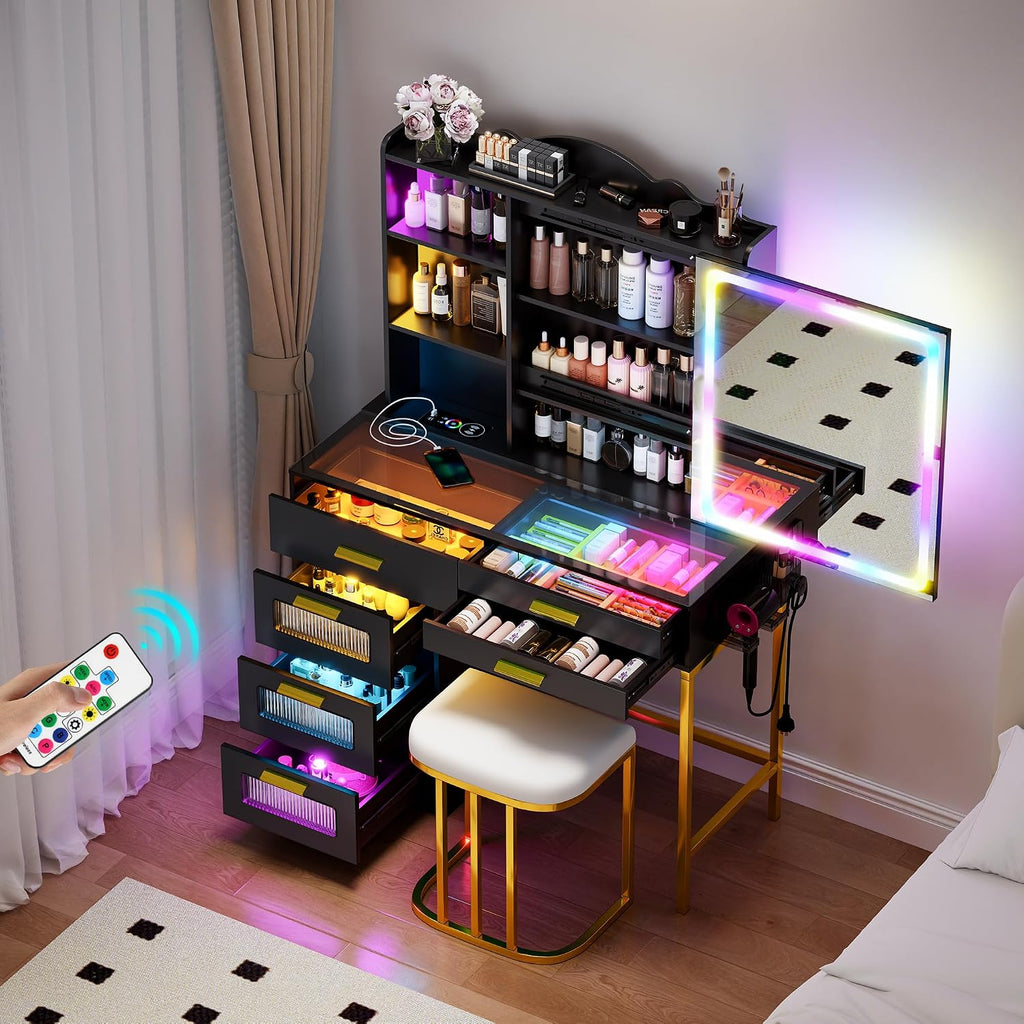 Glass Top Makeup Vanity Desk with RGB LED Light & Adjustable Mirror, Modern Makeup Dresser with Charging Station,Vanity Table Set with 6 Drawers & Hair Dryer Holder for Bedroom,Black