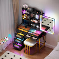 Glass Top Makeup Vanity Desk with RGB LED Light & Adjustable Mirror, Modern Makeup Dresser with Charging Station,Vanity Table Set with 6 Drawers & Hair Dryer Holder for Bedroom,Black