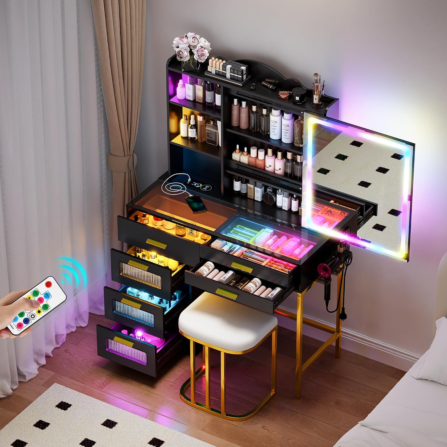 Glass Top Makeup Vanity Desk with RGB LED Light & Adjustable Mirror, Modern Makeup Dresser with Charging Station,Vanity Table Set with 6 Drawers & Hair Dryer Holder for Bedroom,Black