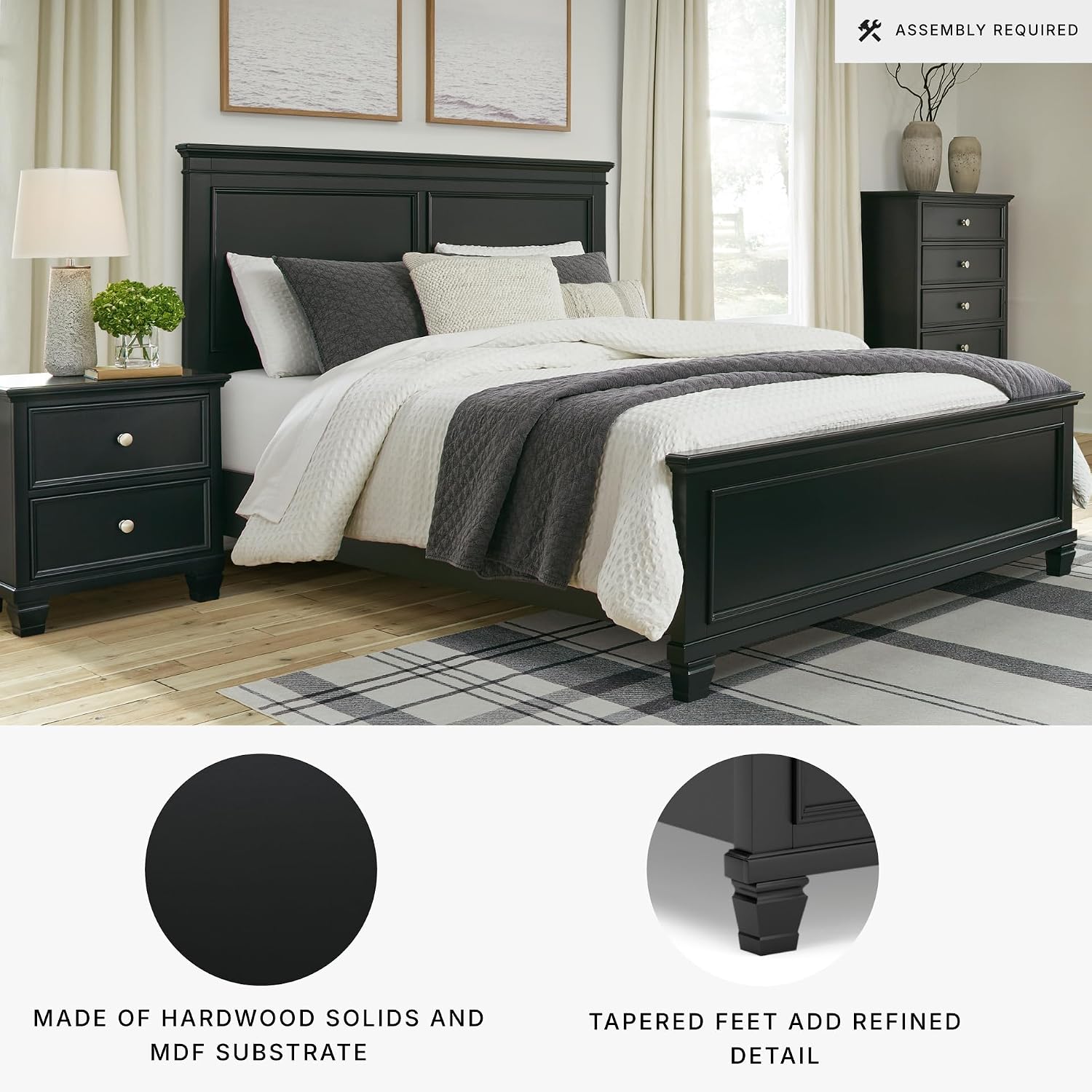 Signature Design by Ashley Lanolee Transitional Queen Panel Bed with Tapered Feet, Foundation or Box Spring Needed, Black