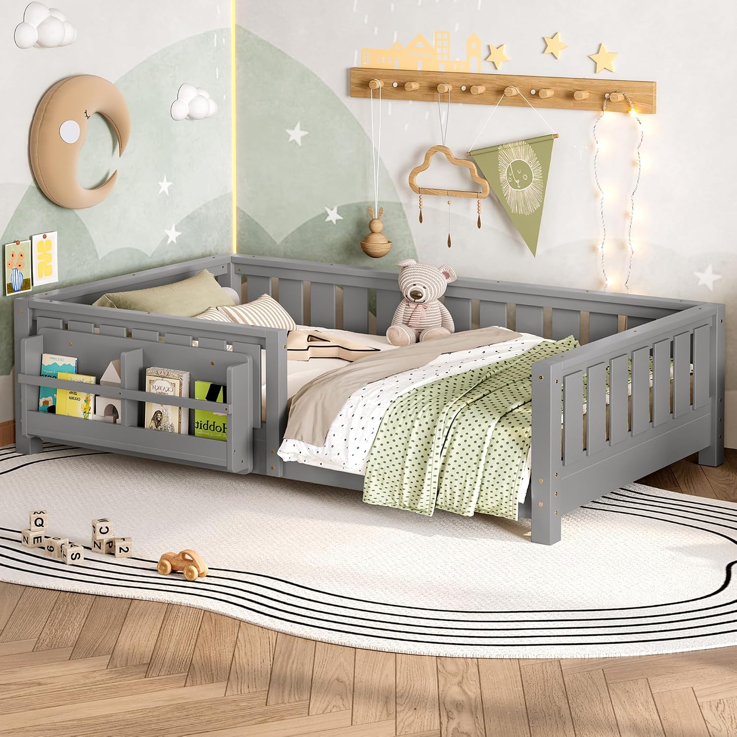 Bellemave Gray Montessori Floor Bed with Fence and Slats, Twin Size Montessori Floor Bed with Bookcase and High Rails, Easy Assemble Bed Frame for Girls, Boys, Twin