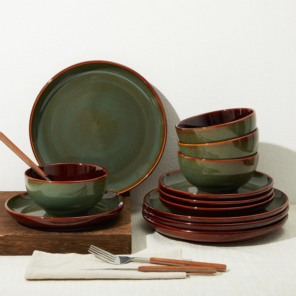 Pokini Stoneware Dinnerware Sets for 6, Microwave Safe Plate and Bowl Set, Easy to Clean & Durable Dishes Sets for Small to Medium Families, Sage Green