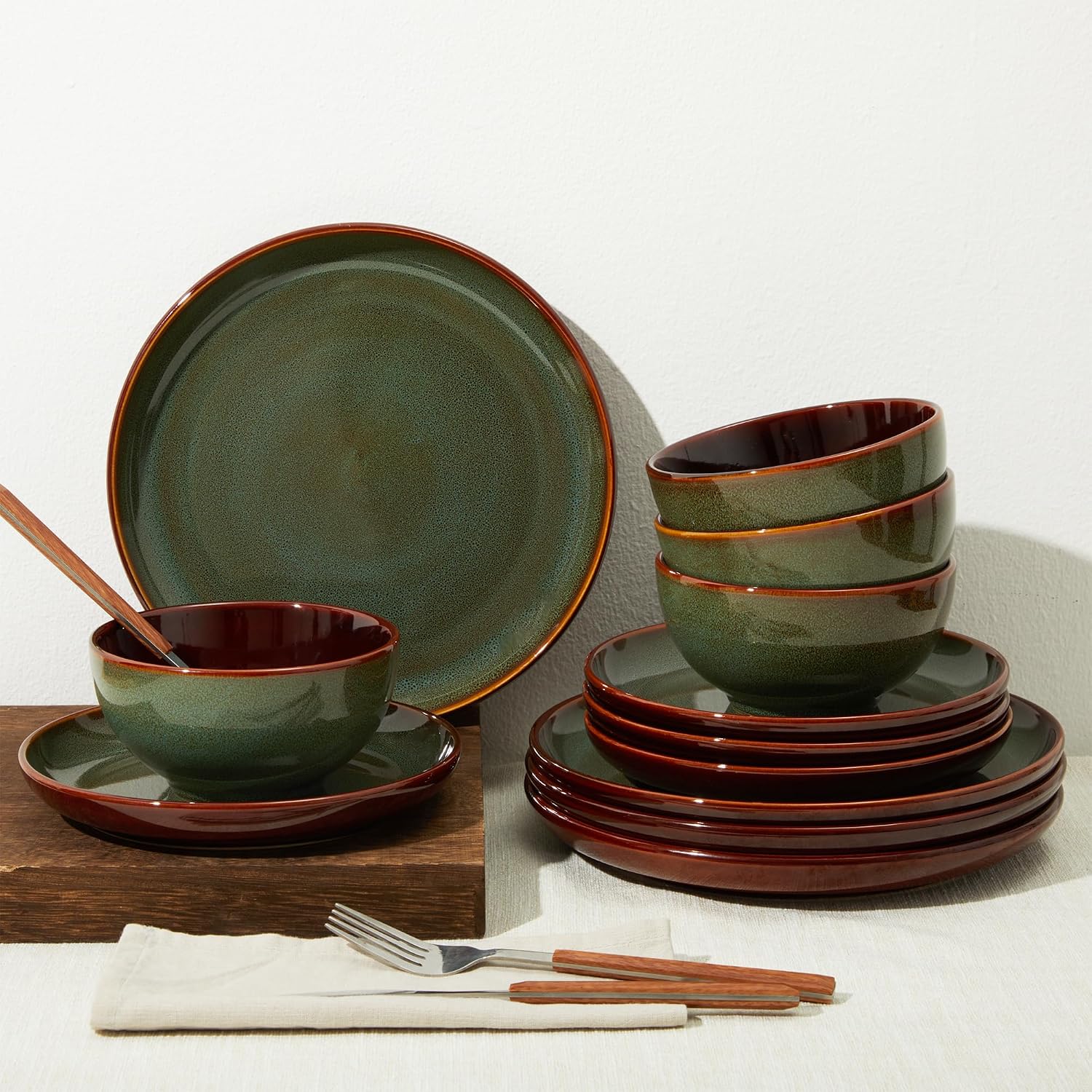Pokini Stoneware Dinnerware Sets for 6, Microwave Safe Plate and Bowl Set, Easy to Clean & Durable Dishes Sets for Small to Medium Families, Sage Green