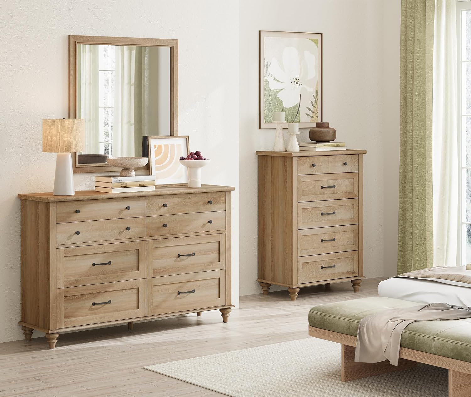 WAMPAT Oak Dresser for Bedroom with 5 Drawers, Tall Kids Dressers with Chest of Drawers, Farmhouse Light Wood Storage Organizer, Samll Dressers for Living Room, Nursery, Hallway