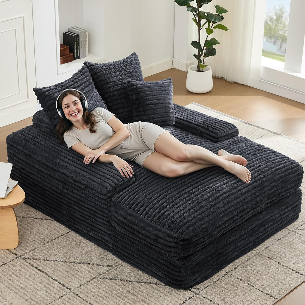 Oversized Chaise Lounge Chair Indoor, 62.6' Cloud Boneless Sleeper Couch Corduroy Upholstered Sofa Bed Deep Seat Comfy Reading Chair with 3 Pillows for Living Room Bedroom, Crey