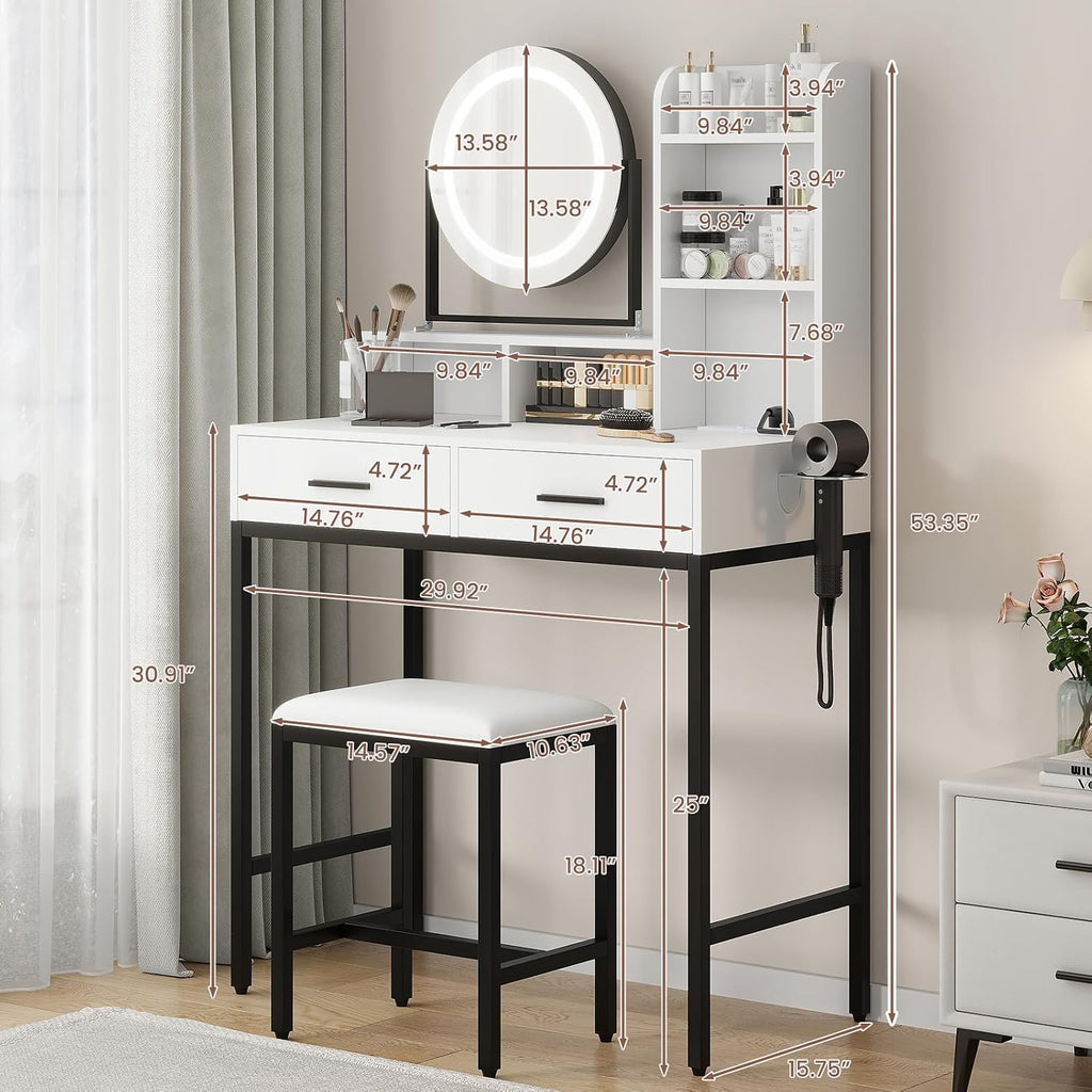 Vanity Desk with Mirror and Light, Makeup Vanity Desk with Rotating Mirror, 3 Colors Adjustable Light, Wood Vanity with 2 Drawers, Stool, Power Outlet, Vanity Set for Bedroom/Dressing Room, Black