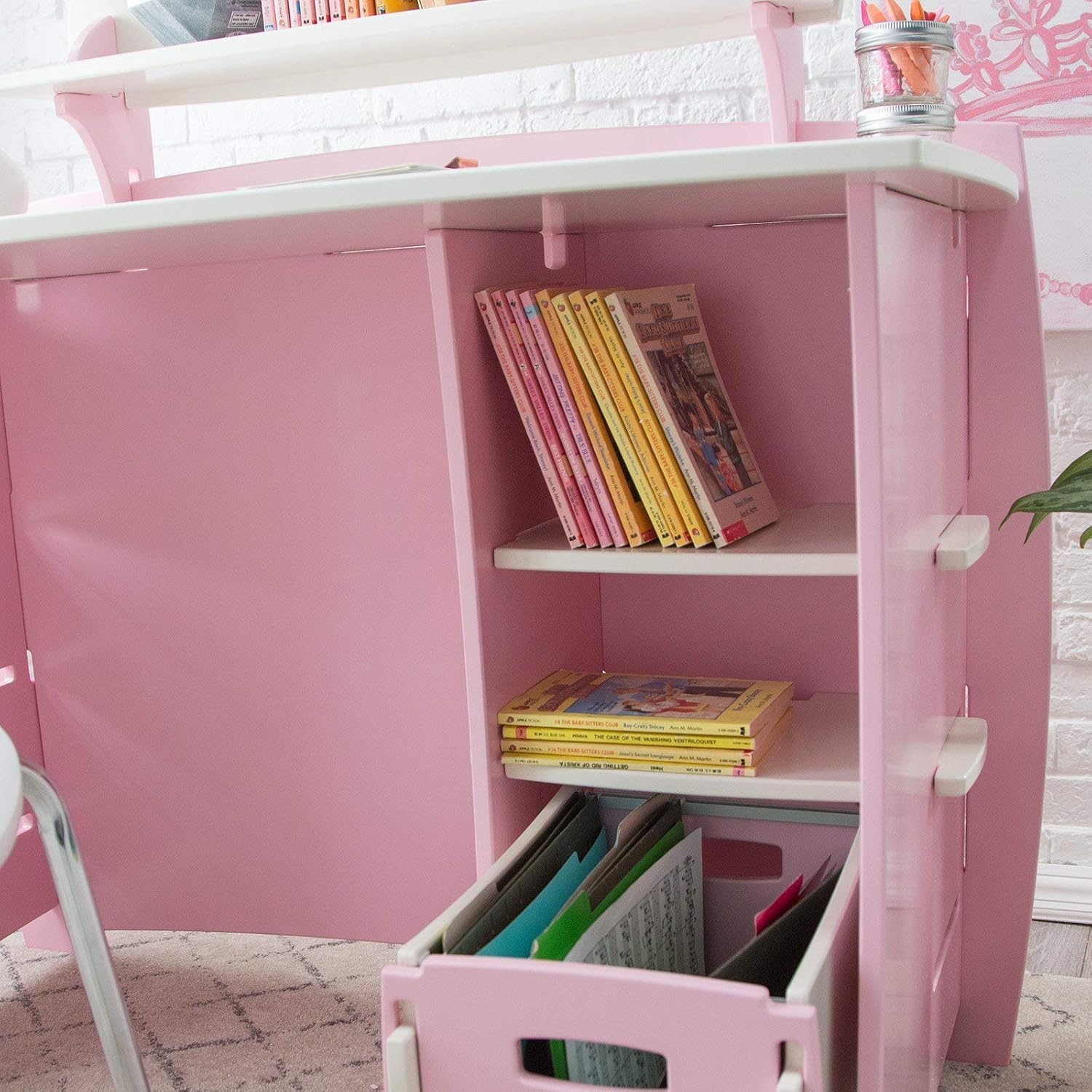 Legaré Furniture Children's Desk with Shelves and File Cart Set for Kids, Princess Series Desk for Bedrooms, Pink and White