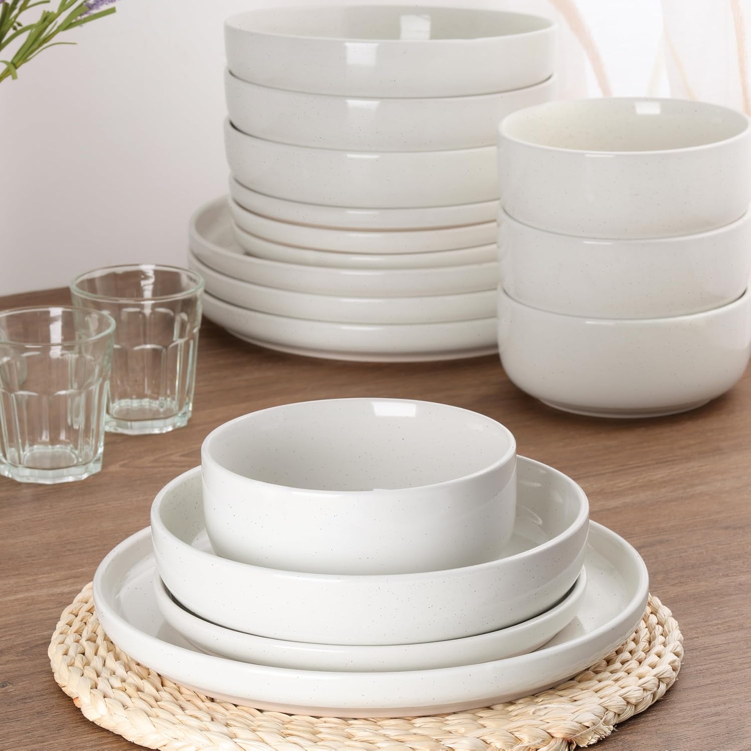 HaWare 24-Piece Plates and Bowls Set for 6, Stoneware Dinnerware Sets with Pasta Bowl, Dishes Set for Home Restaurant, Speckled Milky White