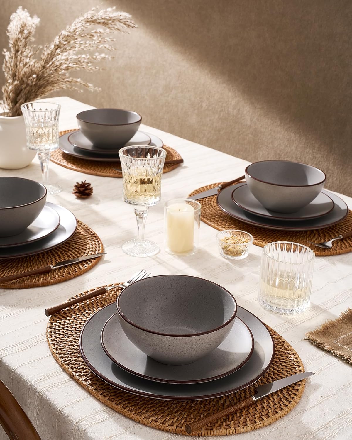 Famiware Venus Stoneware Dinnerware Set with Pasta Bowls for 6, 24-Piece Speckled Plates and Bowls with Trim, Matte Dark Gray - Chip‑Resistant Dishes for Everyday/Formal Use, Microwave/Dishwasher Safe