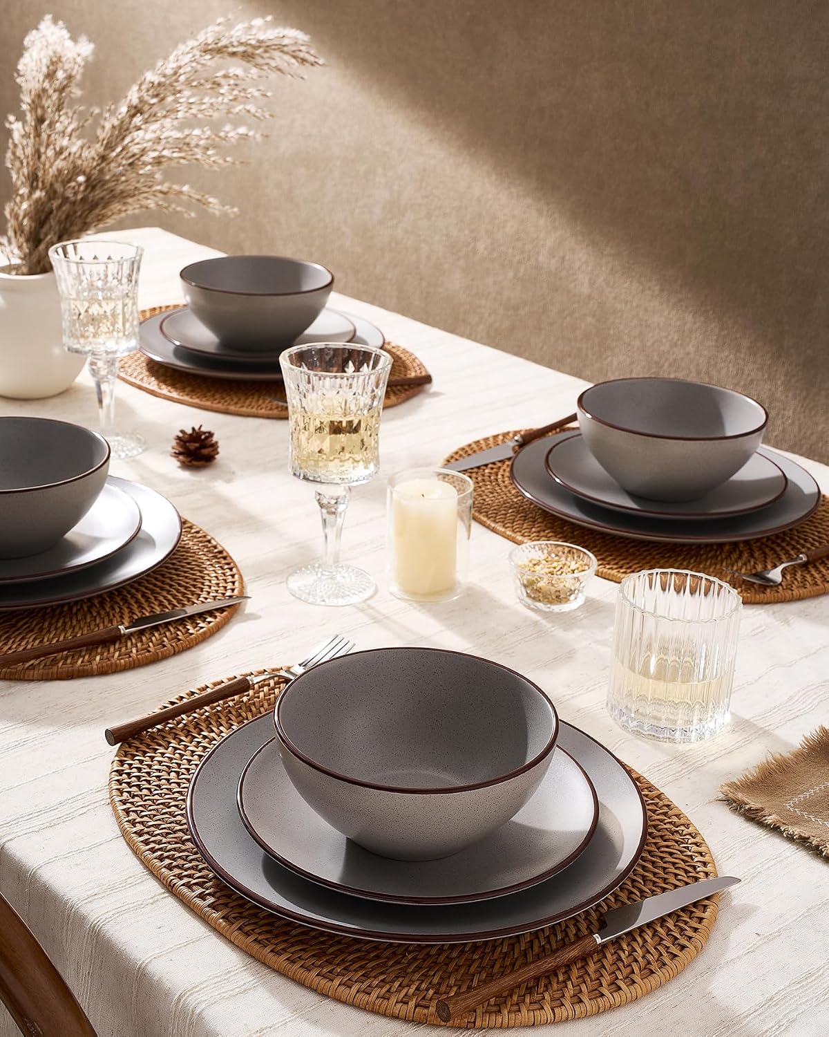 Famiware Venus Plates and Bowls Sets with Trim, 24 Pieces Speckled Stoneware Dinnerware Set for 8, Matte Dark Gray - Microwave & Dishwasher Safe, Modern Minimalist, Dishes for Everyday & Formal Dining