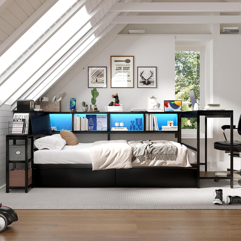 Full Corner Bed Frame with Storage Drawers, Modern Metal Day Bed Frame & L Shaped Bedframe with Led Lights/Charging Station/Bookcase/Desk (Black, Queen)