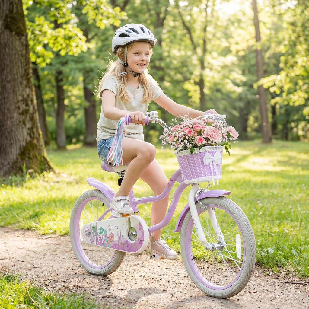 Olakids Kids Bike, 12 14 16 18 20 Inch Mermaid Theme Girls Bicycle with Training Wheels Basket Adjustable Seat and Handlebar Dual Brake