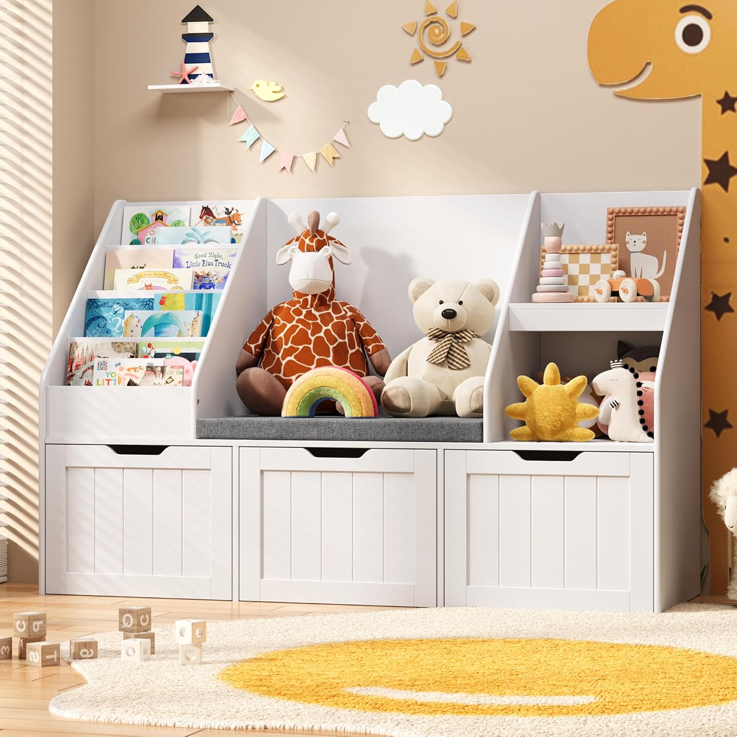 Gizoon Kids Toy Storage Organizer with Reading Nook, Kids Bookshelf with 3 Movable Drawers, Kids Reading Nook with Bench for Kidsroom Playroom and Bedroom, White, Painted