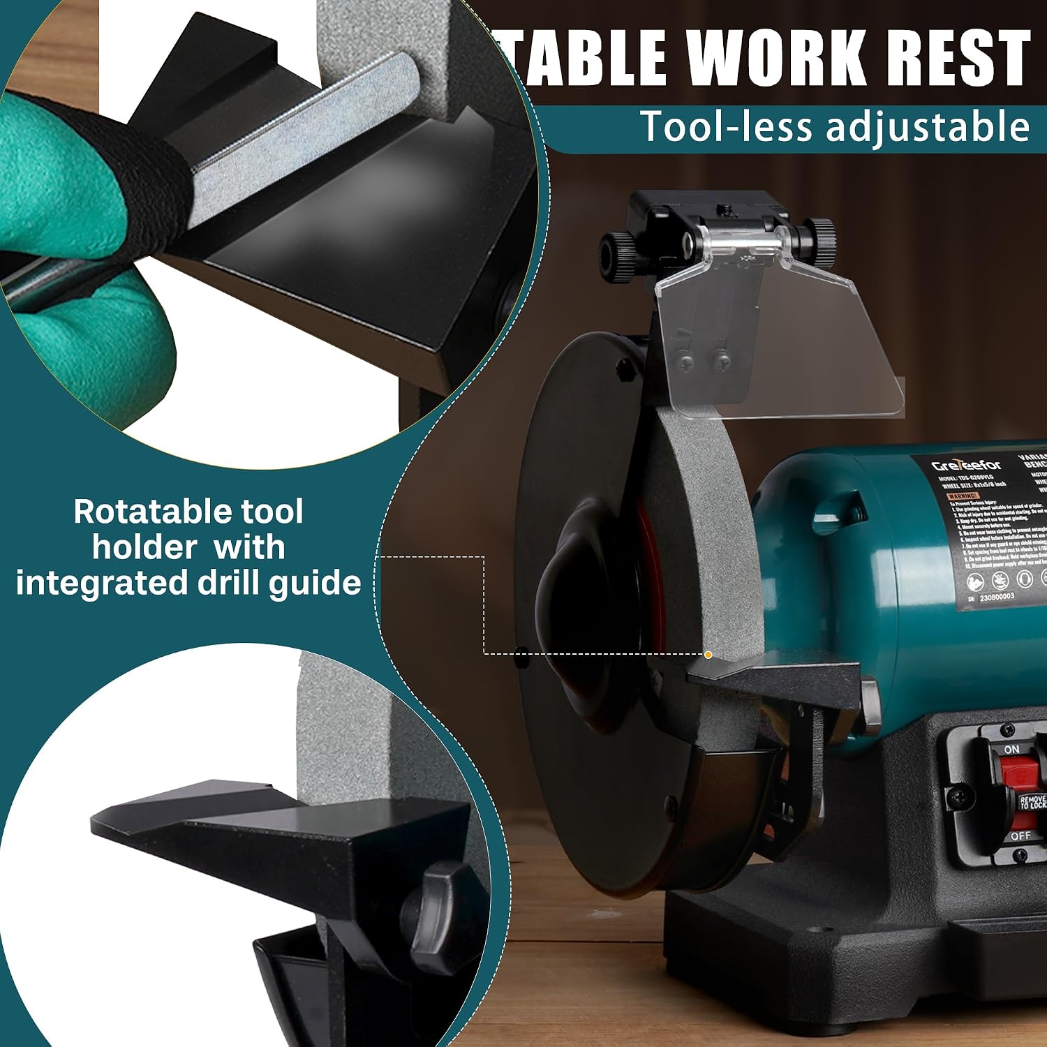 6-Inch Variable Speed Bench Grinder with Grinding Wheel Dresser, 1725–3450 RPM 2.5 Amp Brushless Induction Motor, LED Work Light, Eye Shields, Cast-Iron Base for Sharpening, Grinding & Polishing